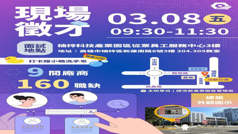 楠梓科技產業園區　舉辦現場徵才　釋出160職缺