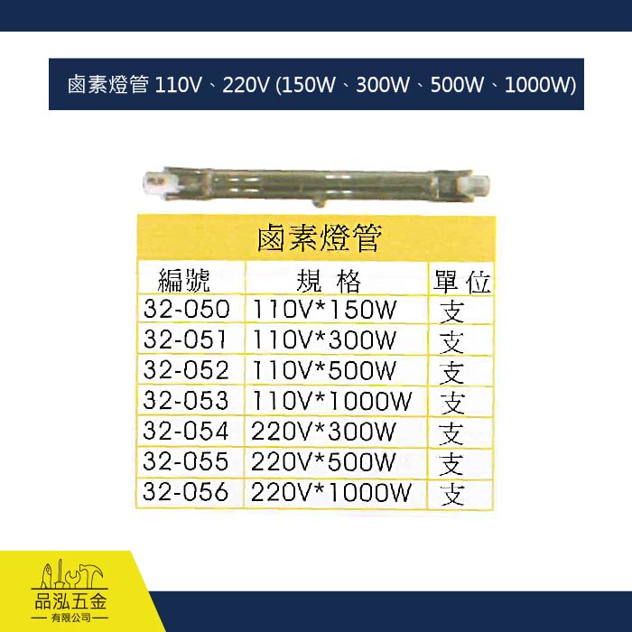 鹵素燈管 110V、220V (150W、300W、500W、1000W)