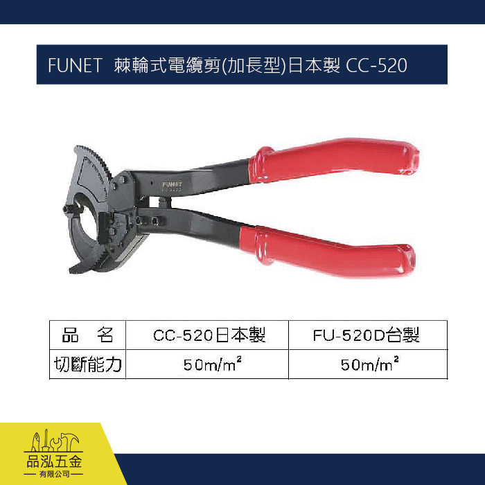 FUNET  棘輪式電纜剪(加長型)日本製 CC-520
