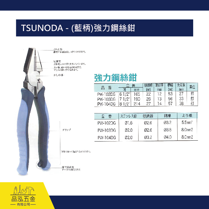 TSUNODA - (藍柄)強力鋼絲鉗