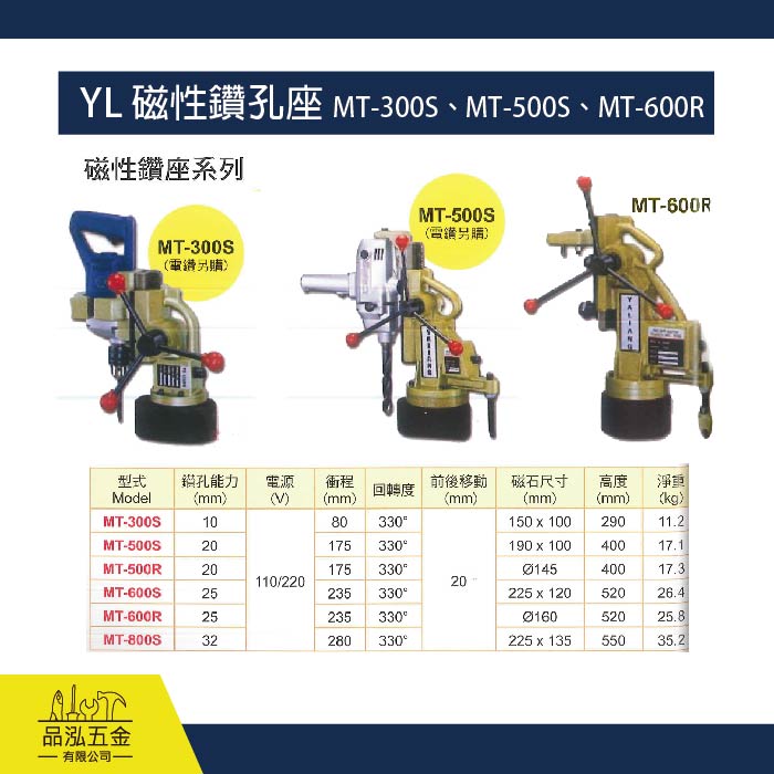 YL 磁性鑽孔座 MT-300S、MT-500S、MT-600R