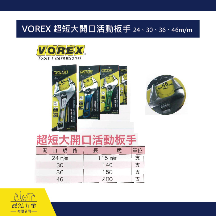 VOREX 超短大開口活動板手 24、30、36、46m/m