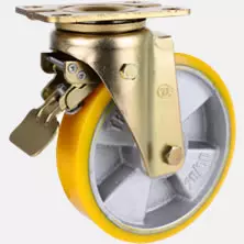 c:i-y-p-e5-728款 平面軸承  塑芯或鑄鐵芯 PU腳輪-鍍黃鋅支架一體成形-專利波盤設計 (平底安裝)