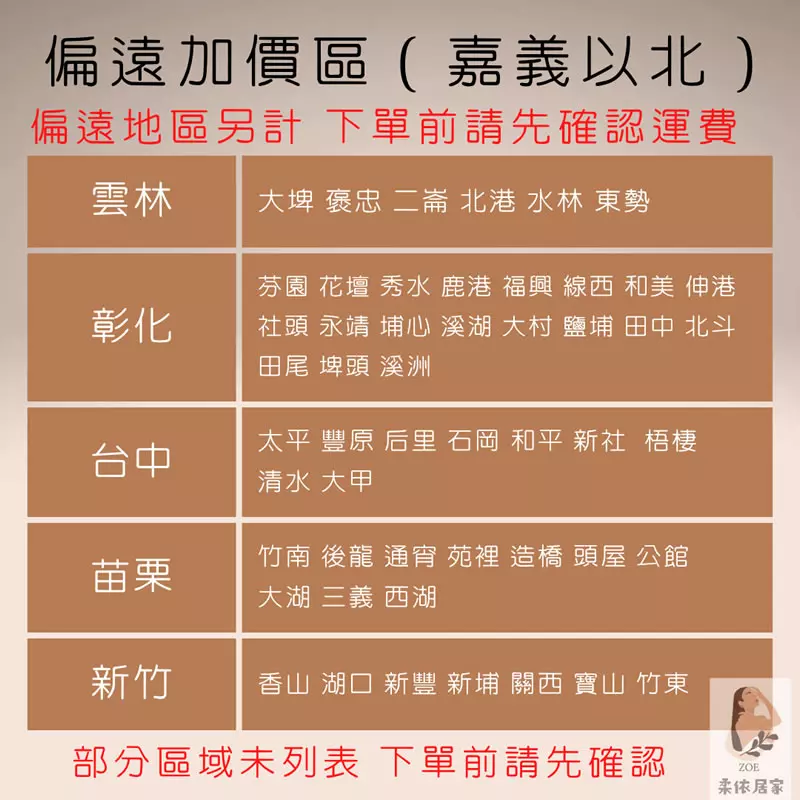 家具偏遠地區加價-嘉義以北